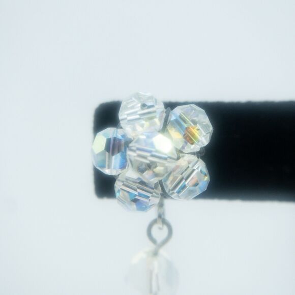Vintage Aurora Borealis Clear Beaded Dangle Clip-On Earrings Faceted 1.75" - Picture 6 of 12